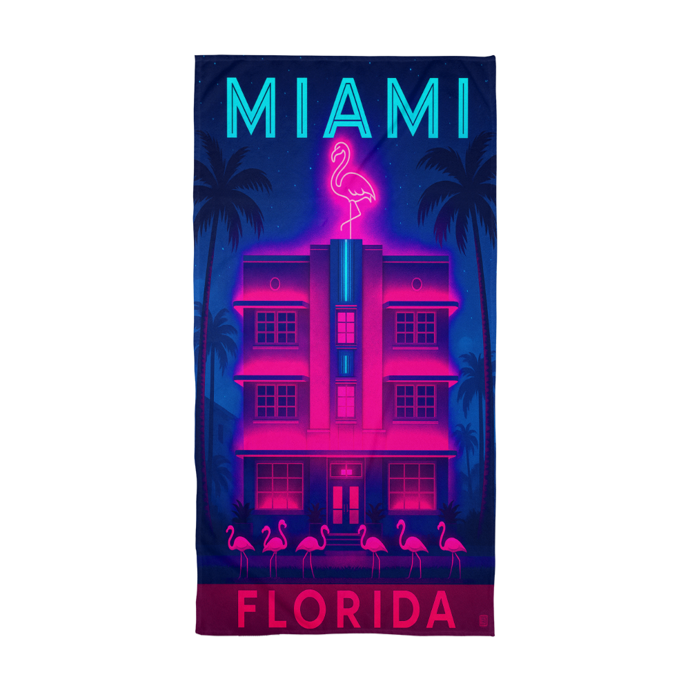 Miami Florida Retro 80's Vaporwave Flamingos At Night Beach Towel