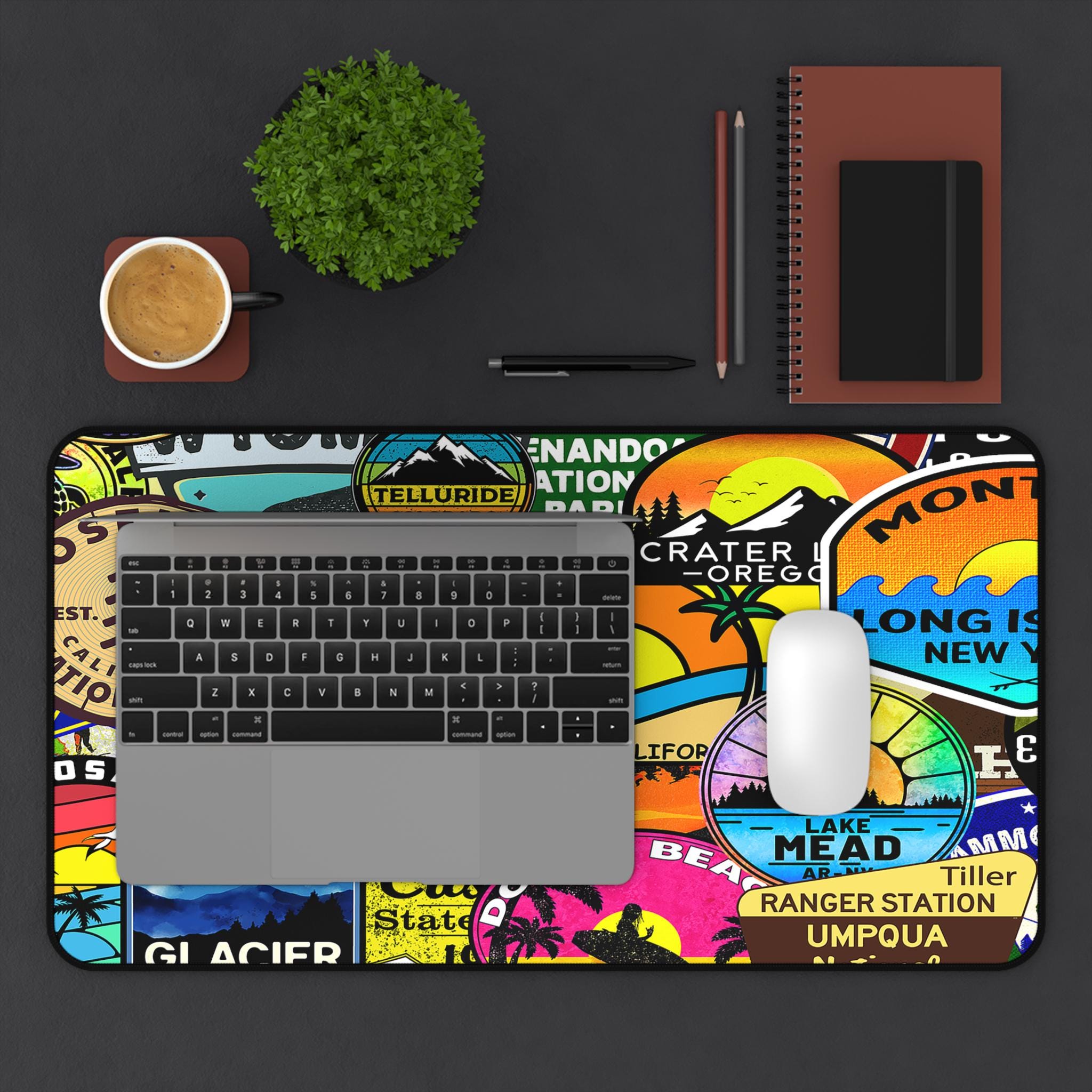 Colorful Vintage Travel Desk Mat - Office Decor, Gamer Gift, Desk Mat L, XL, XXL Beach National Park, Hiking,Camping Computer Mouse
