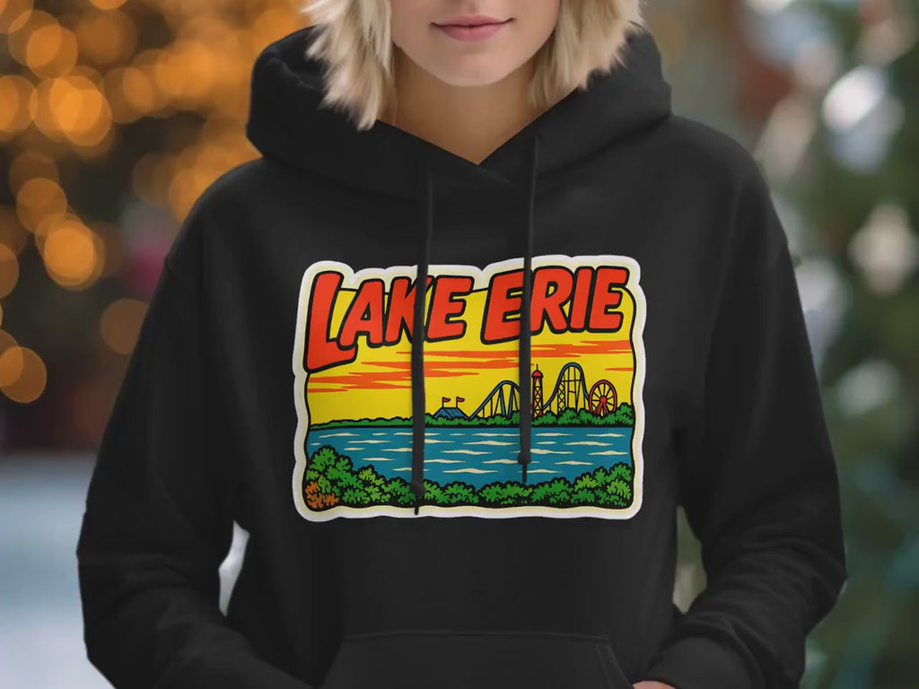 Lake Erie Retro Graphic Sweatshirt, Vintage Amusement Park Design, T-SHIRT Coastal Sunset Illustration, Nostalgic Lake Erie Apparel