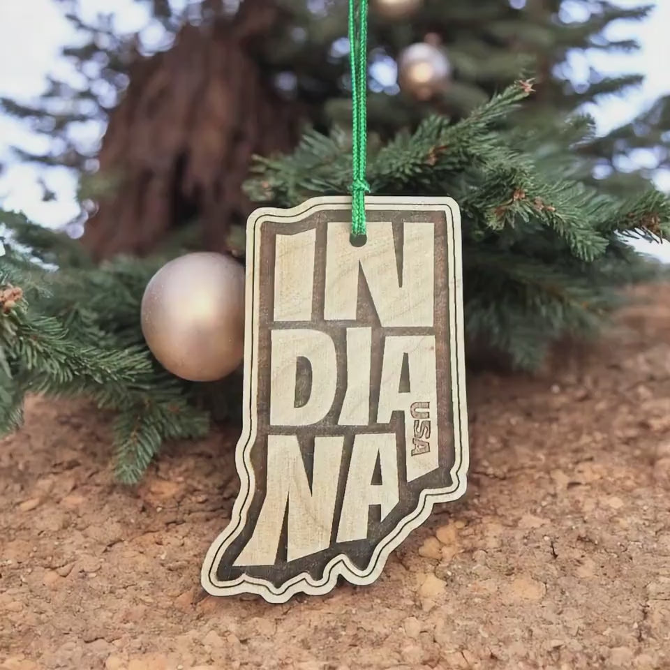 Indiana Wood Christmas Ornament Indianapolis South Bend Bloomington 3.75" Evansville Lafayette Richmond Terre Haute IN Made In USA Souvenir.