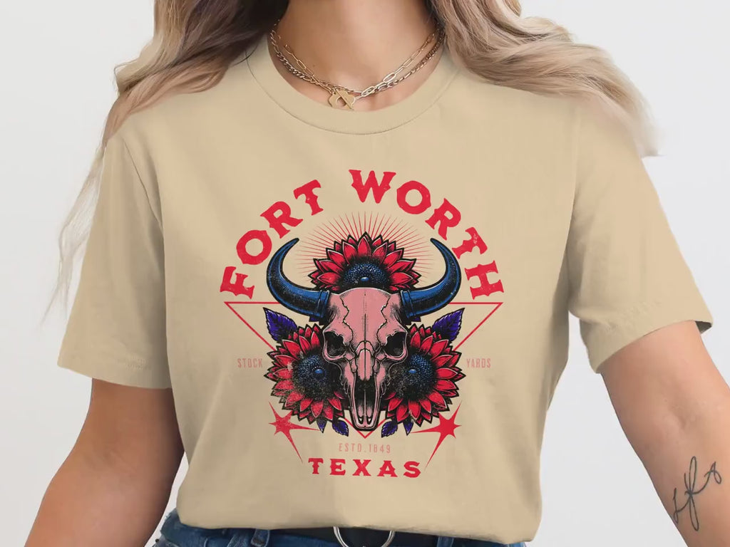 Distinctive Fort Worth Texas T-Shirt, Western Skull Design Tee, Vintage Style Sunflower Graphic Shirt, Unique Casual Wear