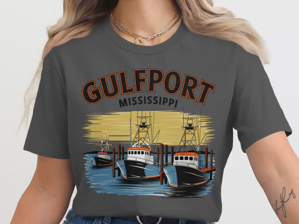 Gulfport Mississippi T-Shirt, Vintage Fishing Boats Tee, Coastal Design Shirt, Nautical Graphic T-Shirt, Gift For Boat Lovers
