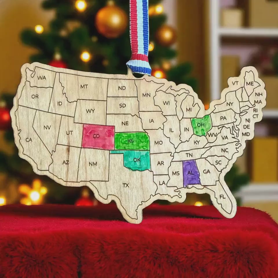 Solid Cherry Ornaments, USA Travel Souvenir, Christmas Ornament, States Visited Map, USA state checklist, Custom Made, Gift America