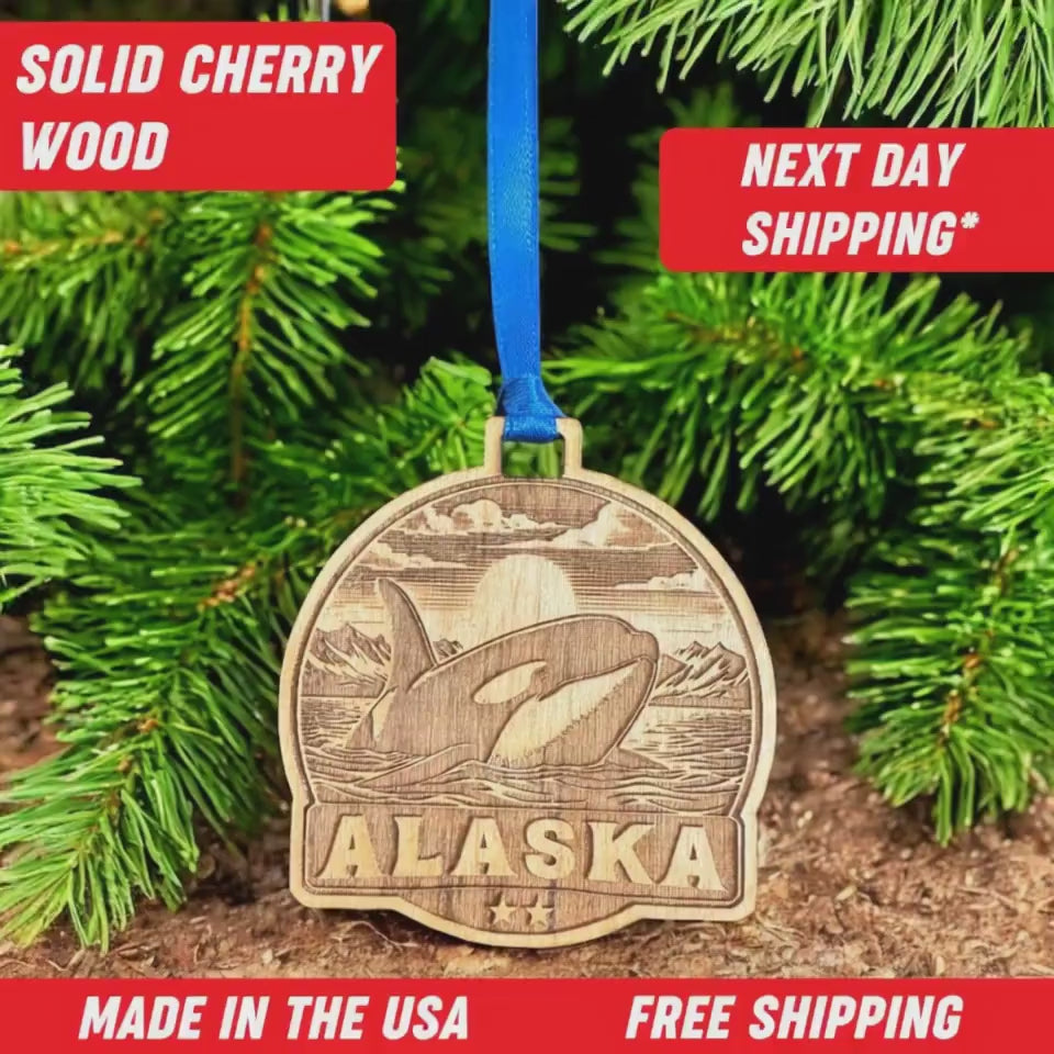 Alaska Ornament Solid Cherry Wood Christmas Custom Orca Whale. Made In USA Gift. 2.8" USA Vacation Travel Souvenir Merchandise Handmade