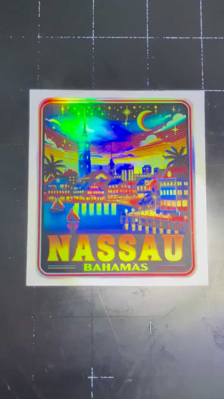 Nassau Bahamas Beach Holographic Sticker Decal 3.1" x 2.75" Vinyl Souvenir Travel Vacation Hologram Reflective Gift Indoor Or Outdoor