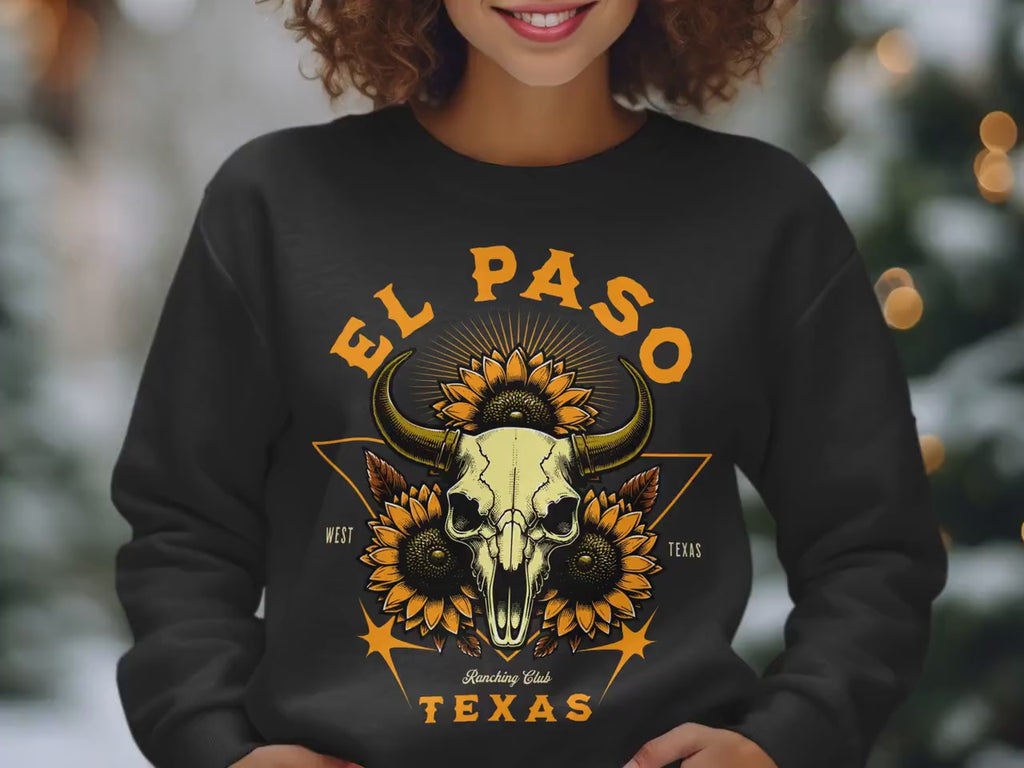 El Paso Texas T-Shirt, Vintage Western Graphic Tee, Bull Skull Sunflower Design, Ranching Club Apparel, Retro Southern Shirt