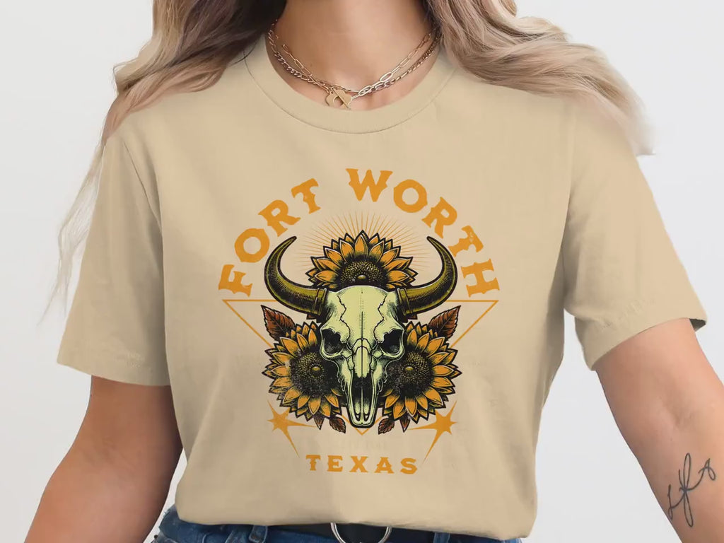 Fort Worth Texas Skull Sunflowers T-Shirt, Vintage Western Graphic Tee, Retro Cow Skull Tee, Unique Gift, Trendy Texas Shirt