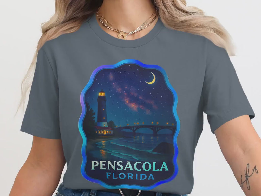 Pensacola Florida T-Shirt, Moonlit Beach Scene T-Shirt, Lighthouse Art Graphic Tee, Coastal Night Sky Tshirt, Florida Beachwear Tee