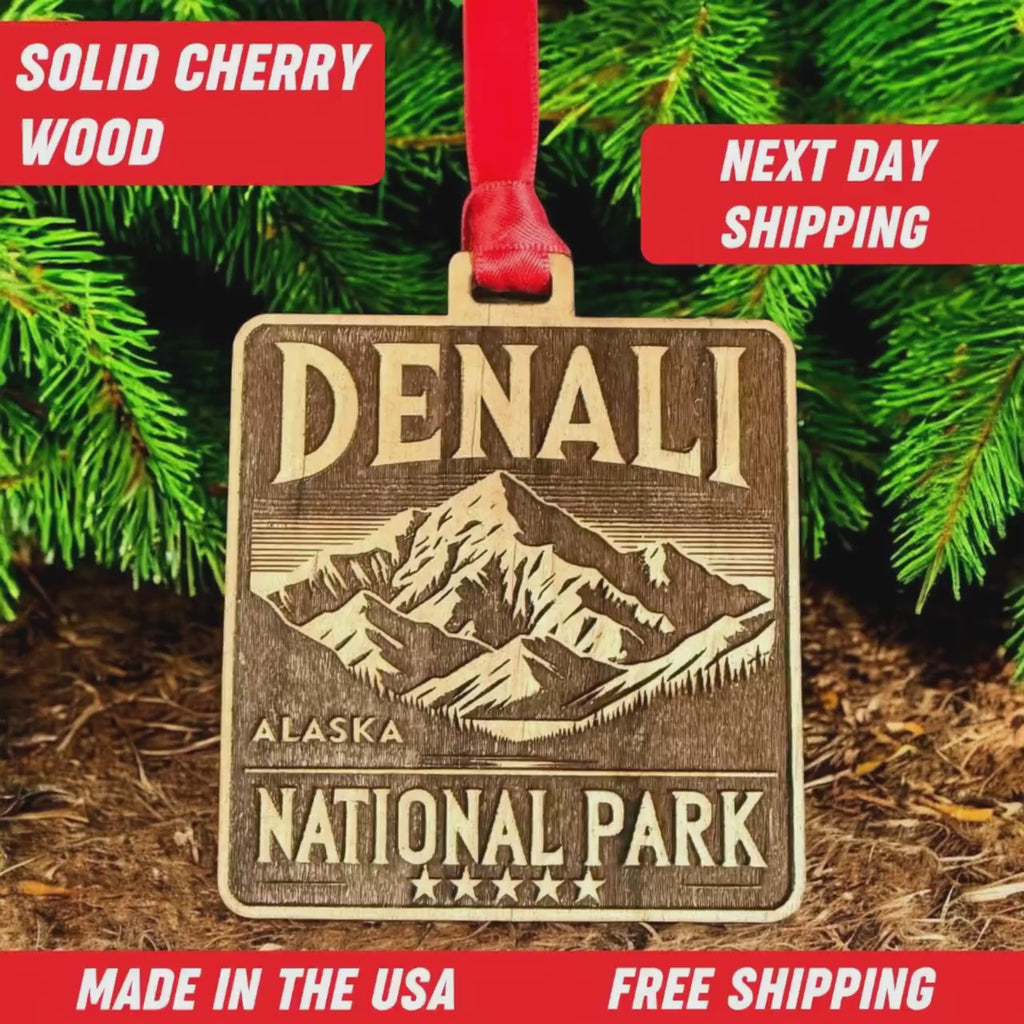 Denali National Park Ornament Solid Cherry Wood Christmas Custom Cherry. Made In USA Gift. 2.8" x 3" Vacation Travel Souvenir