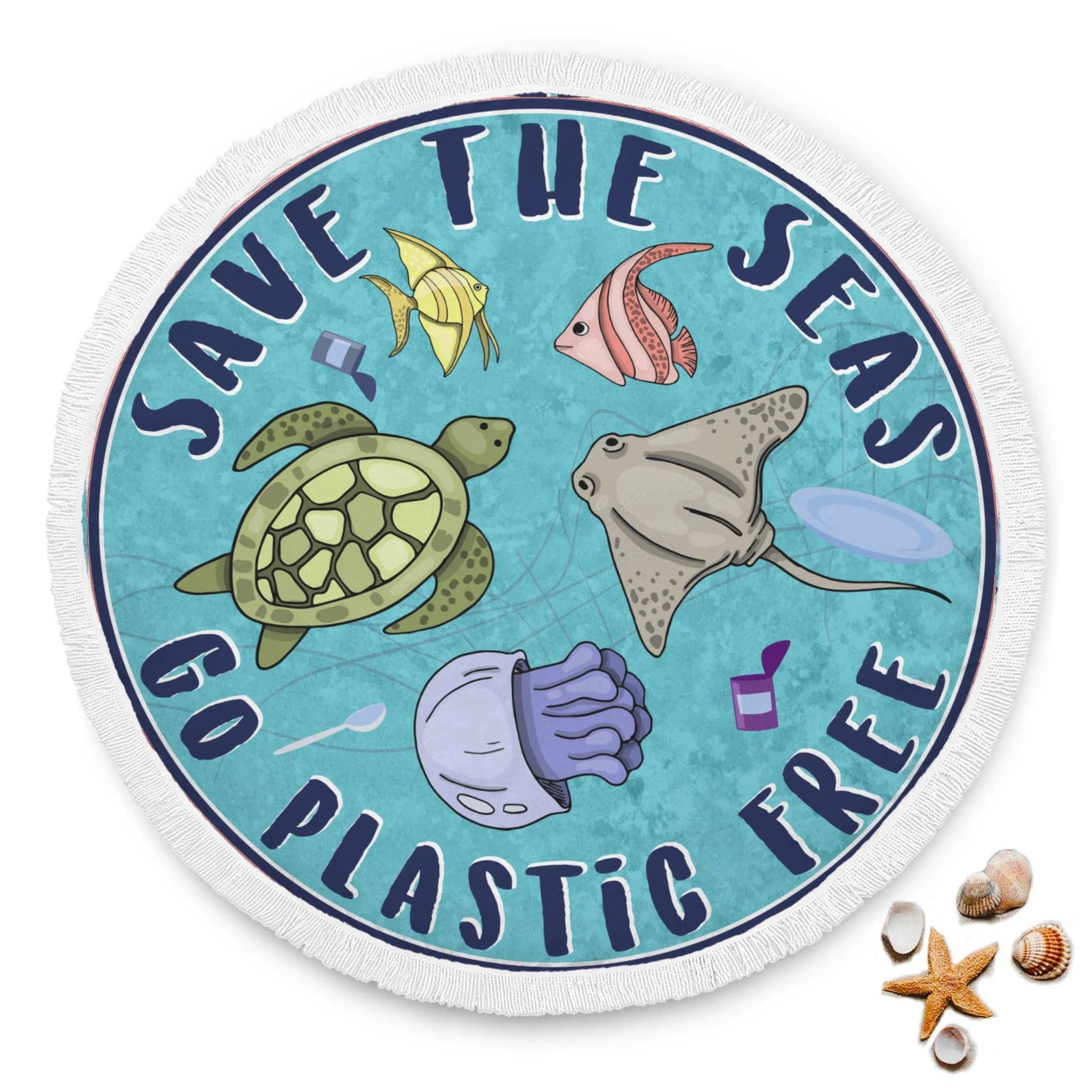 Save the seas go plastic free sea turtle round beach towel blanket 61"