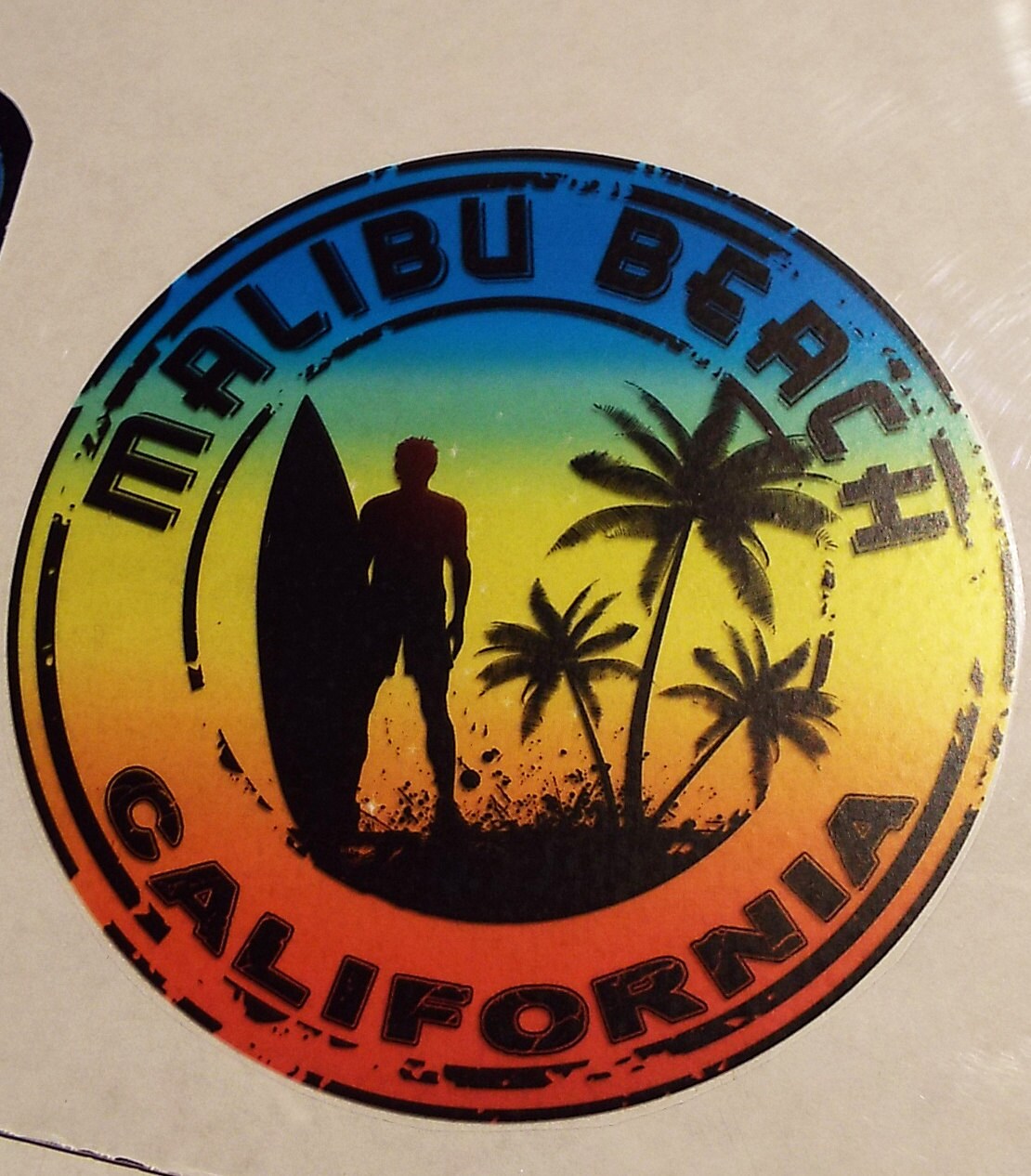 Malibu Beach California Surfing Surfer Waterslide Decal Sticker Transparent 4" x 4" Rainbow Surfboard Palm Trees Water Slide Hippie