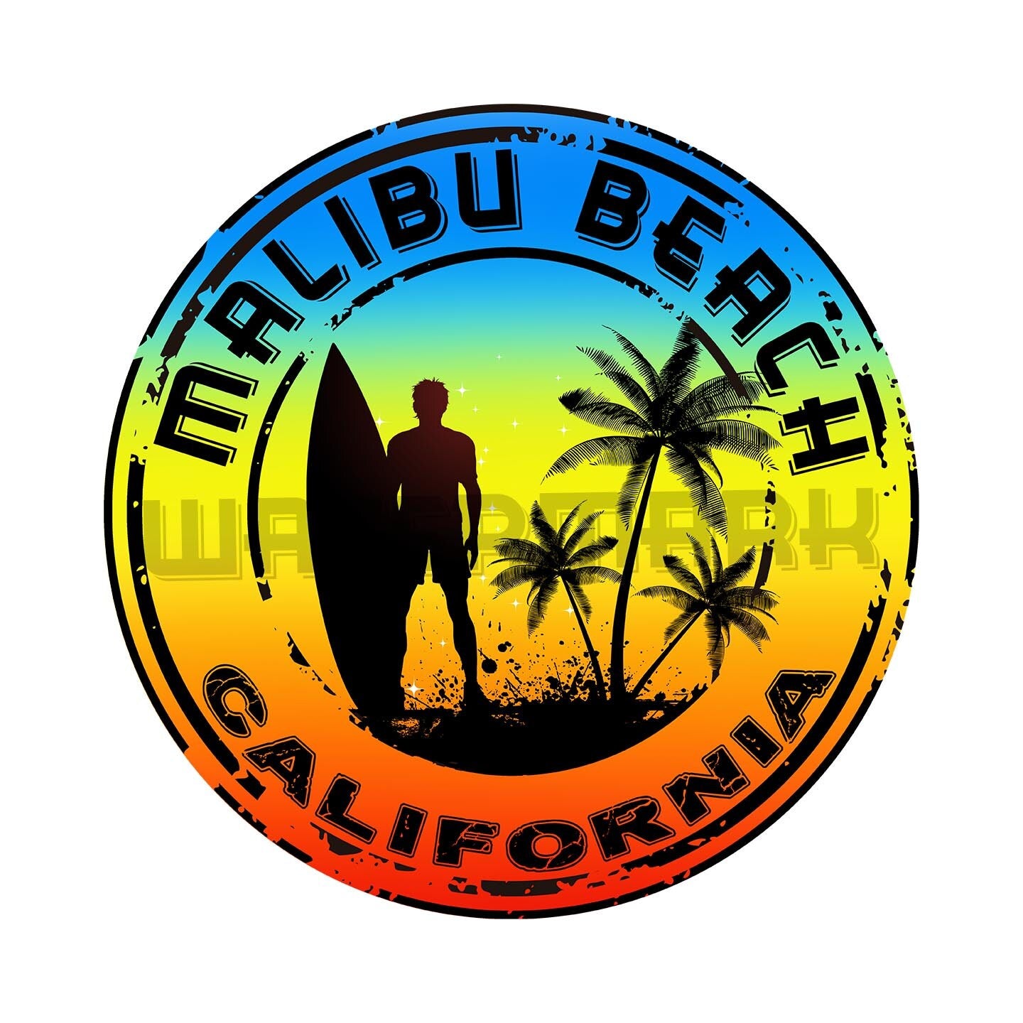 Malibu Beach California Surfing Surfer Waterslide Decal Sticker Transparent 4" x 4" Rainbow Surfboard Palm Trees Water Slide Hippie