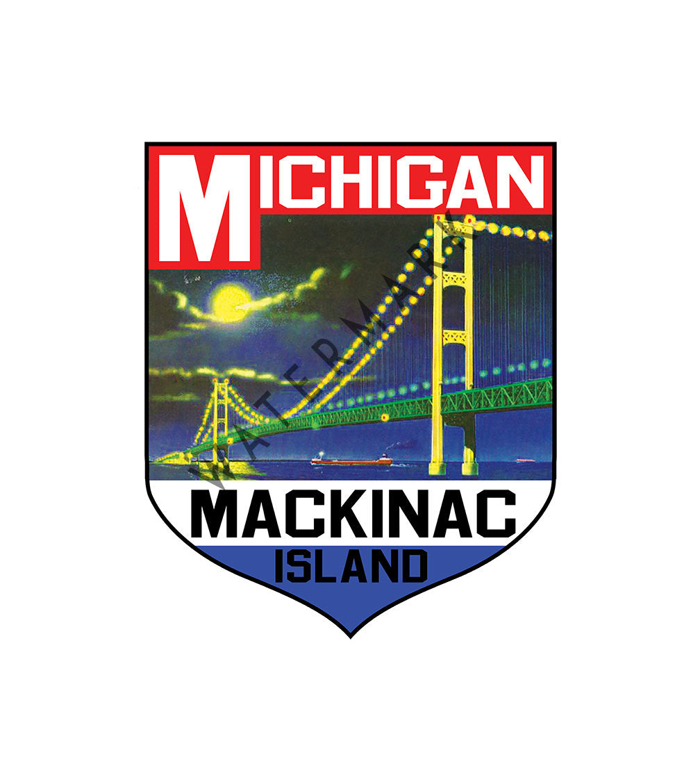 STICKER MACKINAC ISLAND Michigan Bridge Lake Huron Great Lakes Vintage Decal
