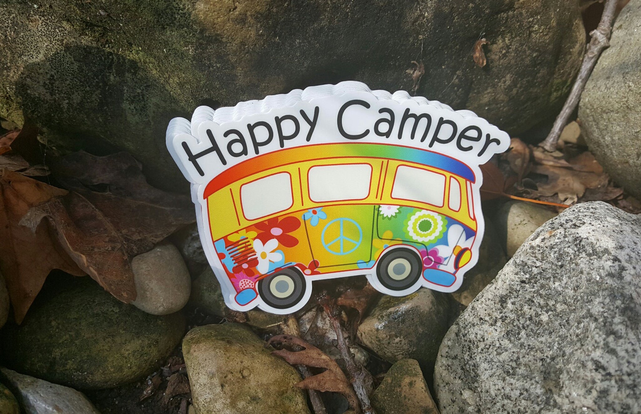 HAPPY CAMPER BUS Vinyl Sticker Bear Mountain Hiking Camping Camp Decal 4" X 2.75"
