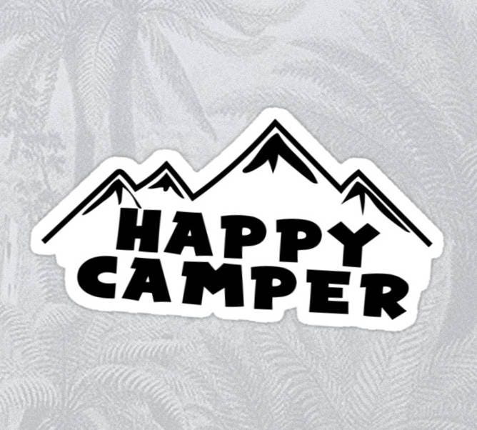 HAPPY CAMPER MOUNTAINS Hiking Skiing Sticker Decal 4" X 2"