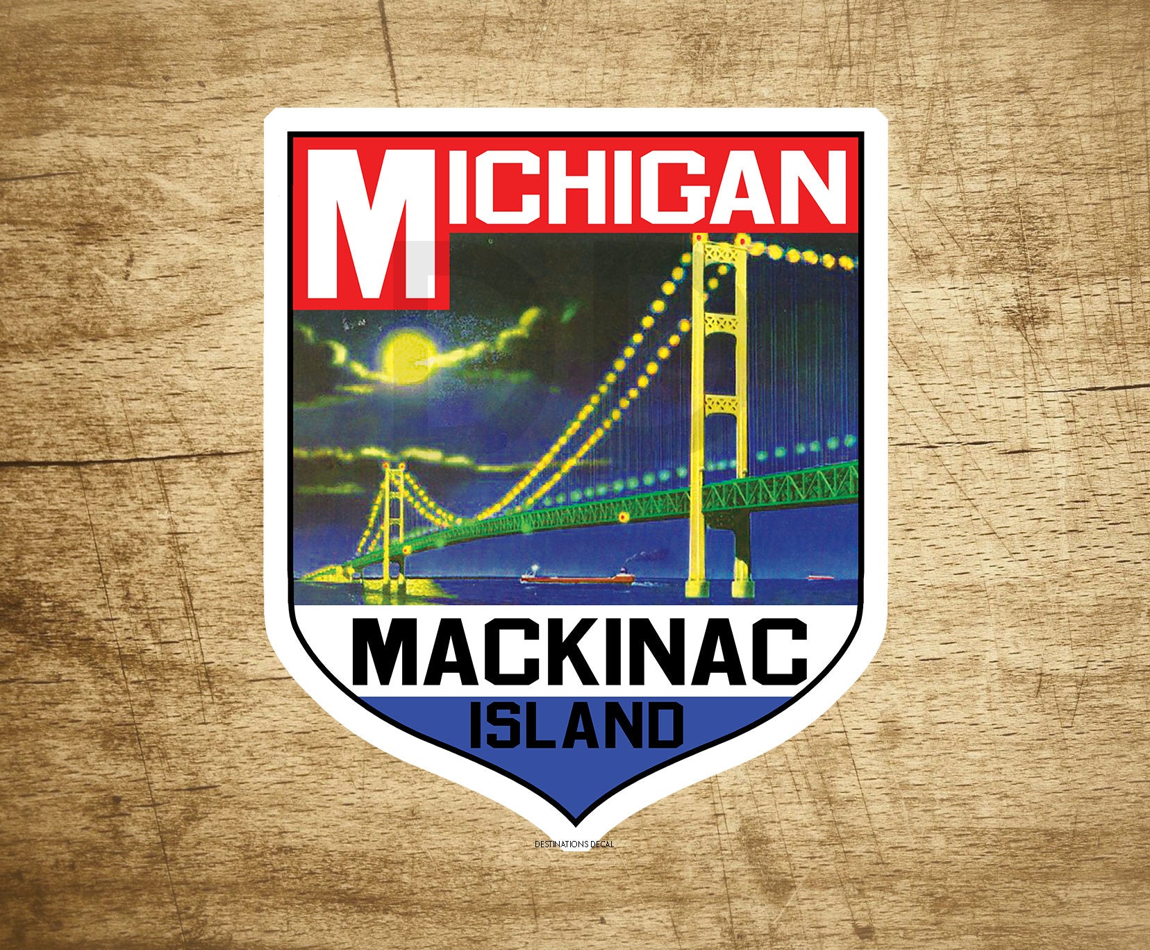 STICKER MACKINAC ISLAND Michigan Bridge Lake Huron Great Lakes Vintage Decal