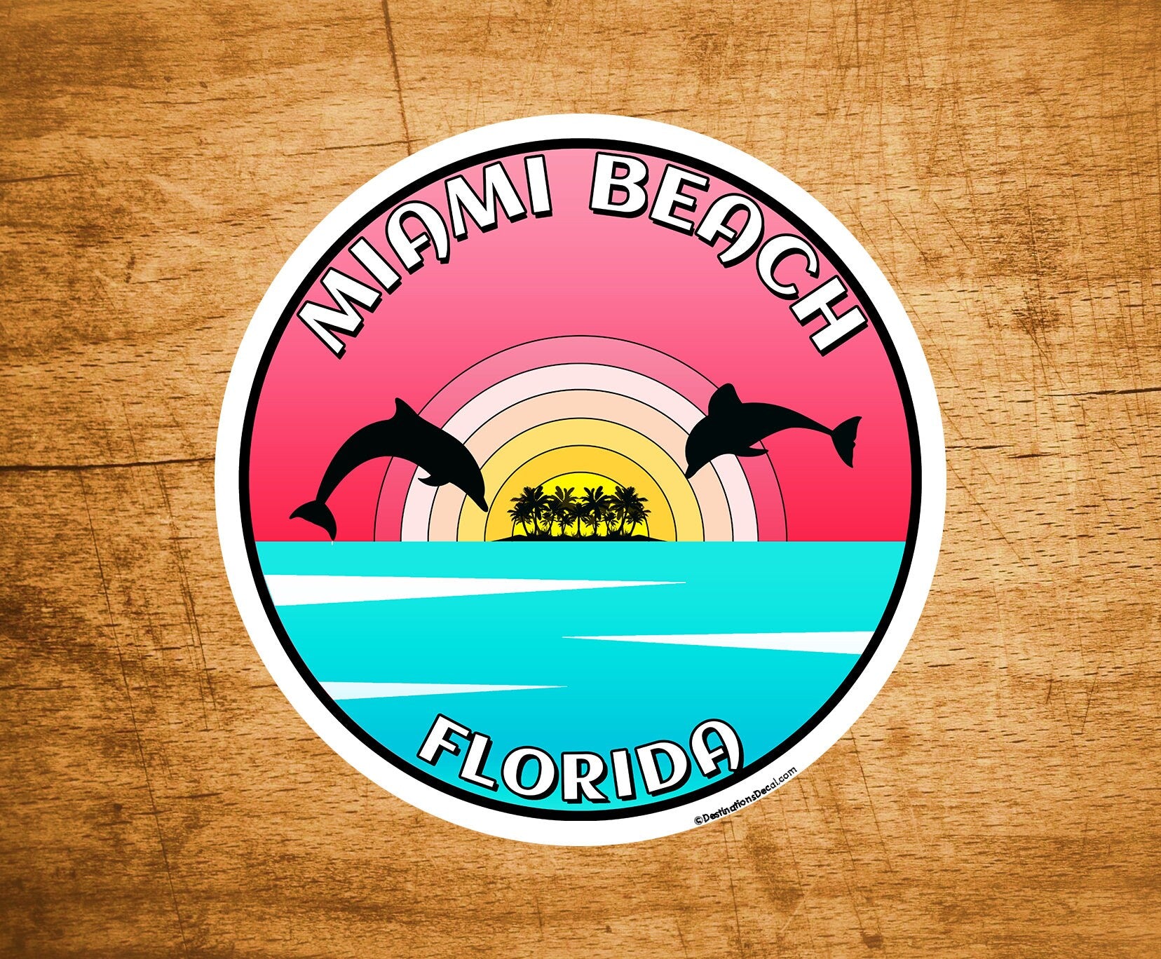 Miami Beach Florida Dolphins Decal Sticker 3" Sunset Palm Trees