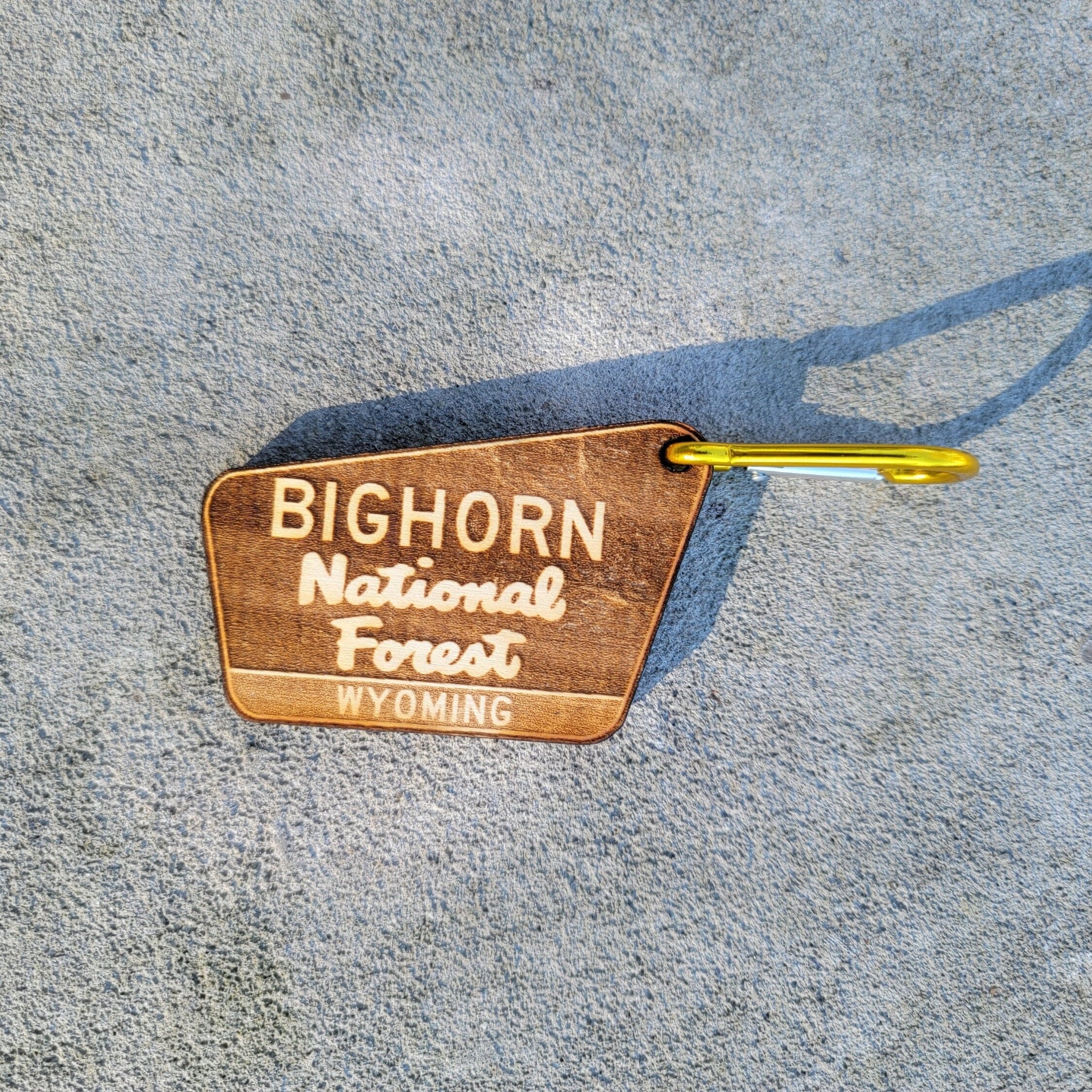 Bighorn National Forest Wood Keychain Ornament Wyoming Park With Carabiner 3.25" Wide