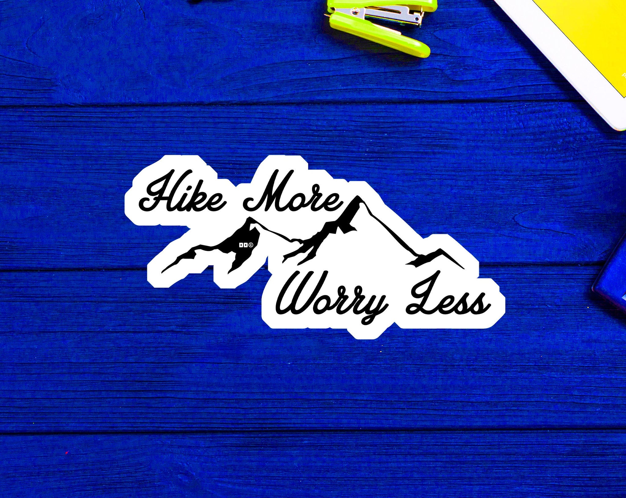 Hike More Worry Less Hiking Hiker Vinyl Sticker 4" x 1.8"