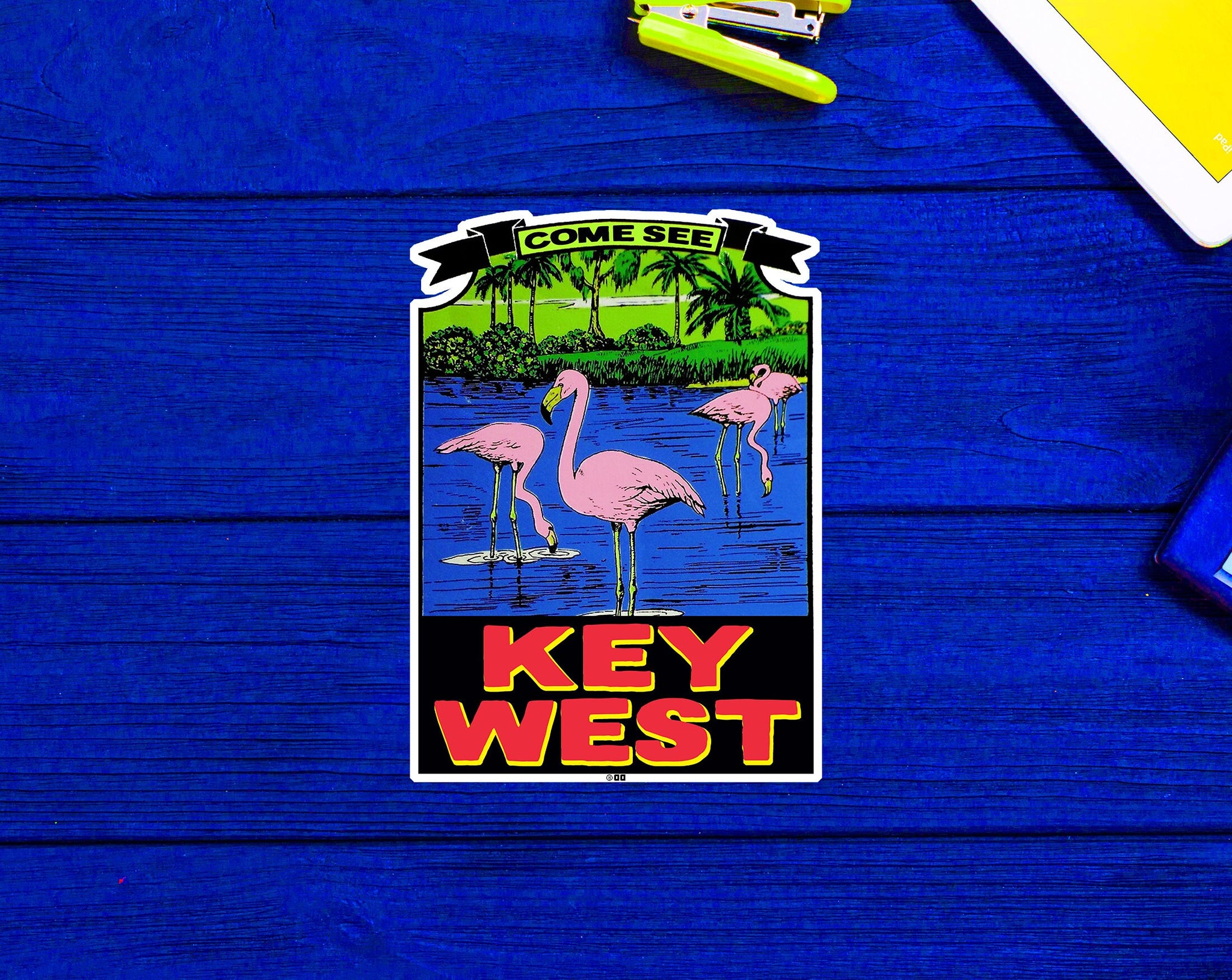 Key West Florida Vintage Flamingos Travel Luggage Sticker 4"