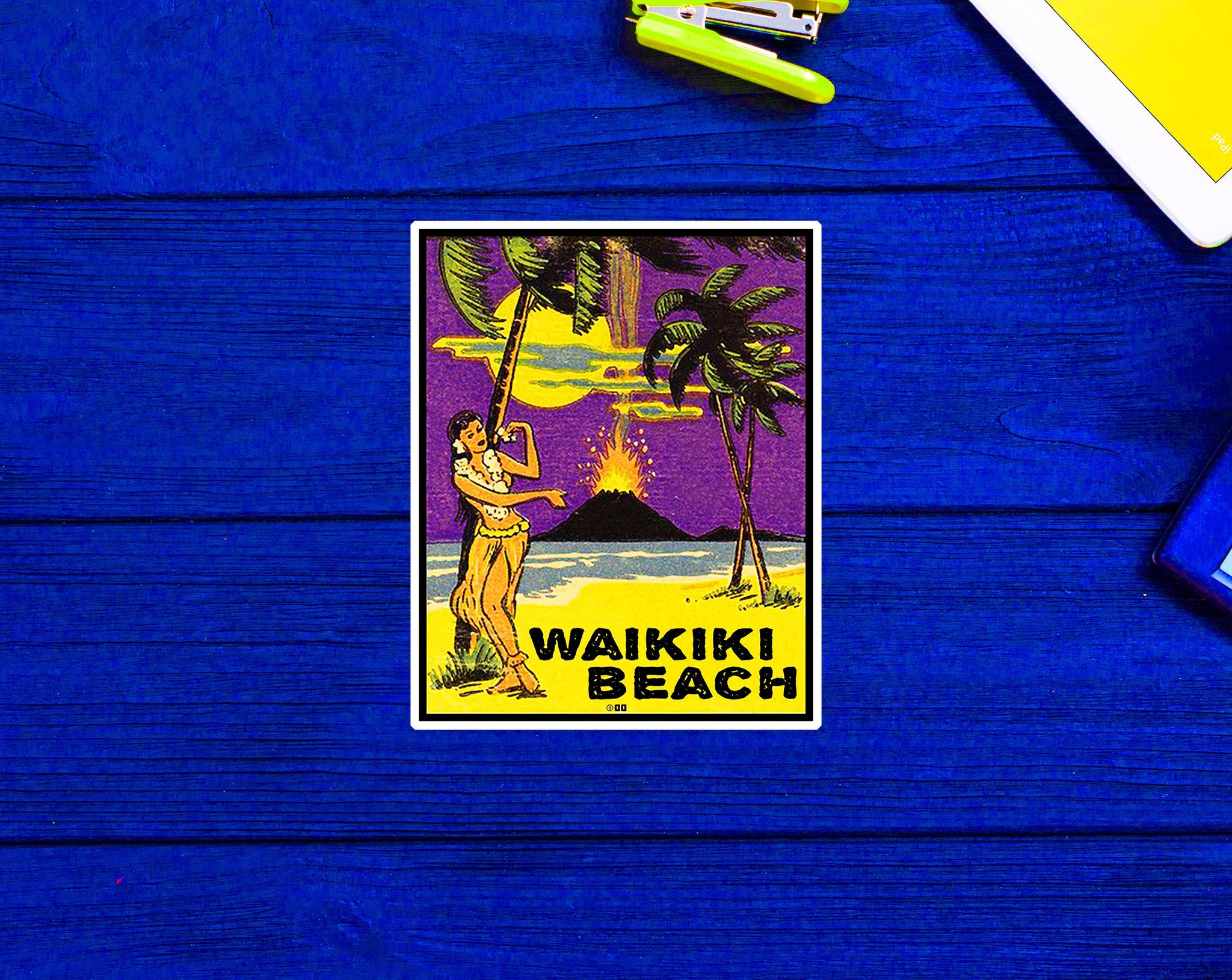 Waikiki Beach Hawaii Vintage Hula Volcano Beach Ocean Palm Trees Sticker 3.7"