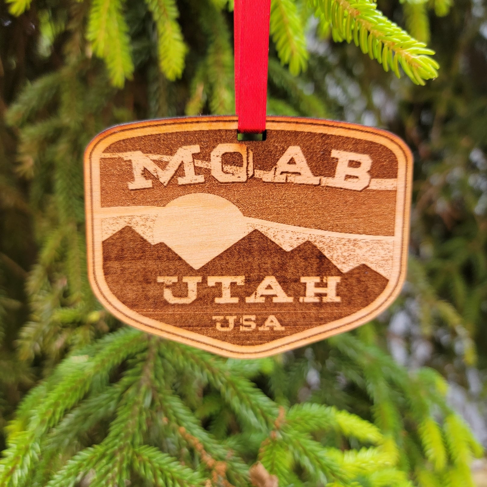 Moab Utah Ornament Christmas Wood Laser Cut 3.5" UT Arches National Park Mountain Biking ATV 4x4 Off Road Hiking Bike