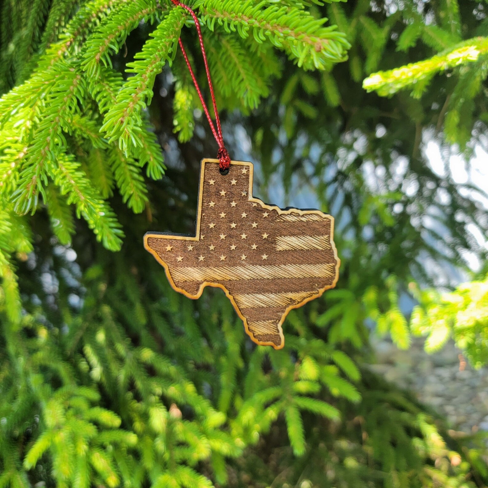 Texas Flag Ornament Christmas American Wood Engraved Flags 3.25" TX Dallas Austin Houston Fort Worth El Paso