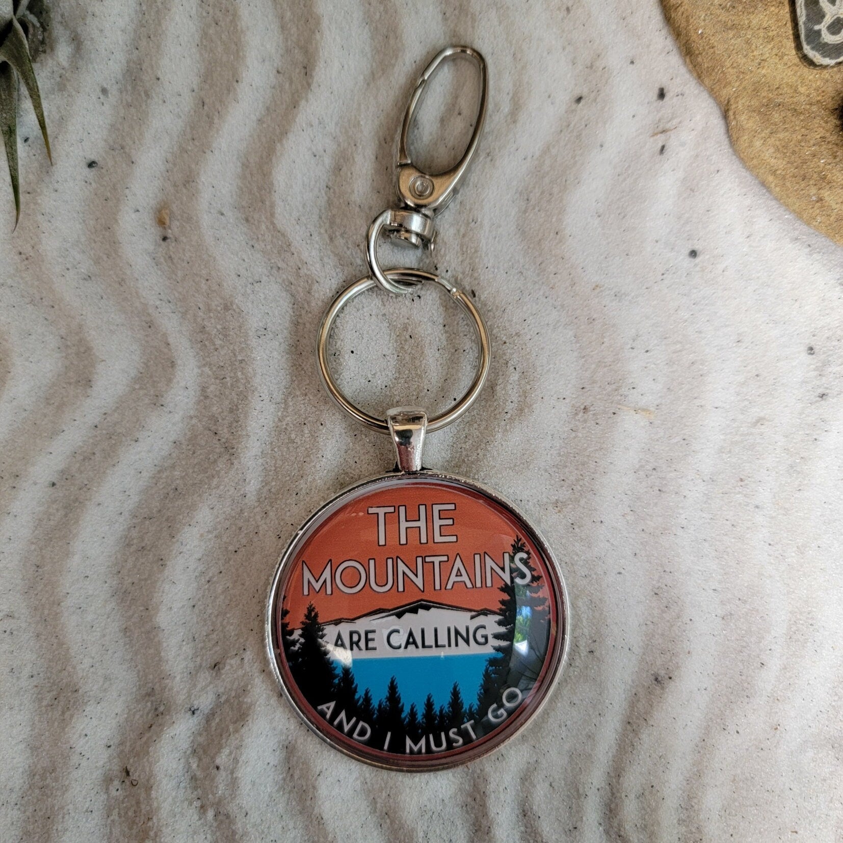 The Mountains Are Calling 1.5" Key Chain And I Must Go Metal Decal National Park Forest