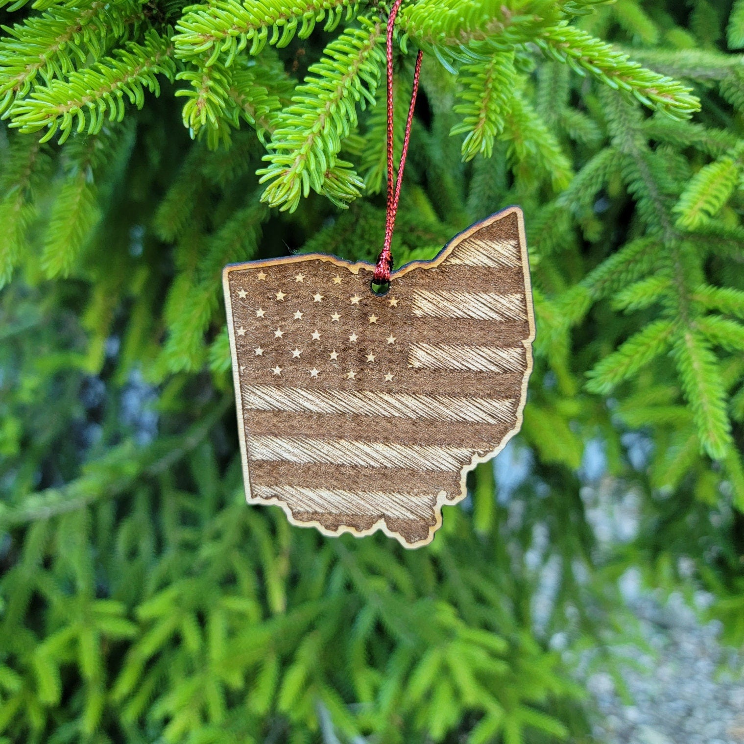Ohio Flag Ornament Christmas American Wood Engraved Flags 3.25" OH Columbus Cincinnati Cleveland Dayton Akron Toledo