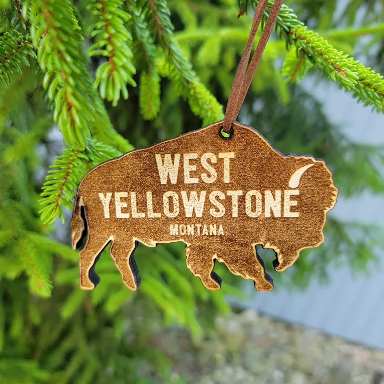 West Yellowstone Montana Wood Christmas Ornament Bison 3.75" Montana Buffalo MT