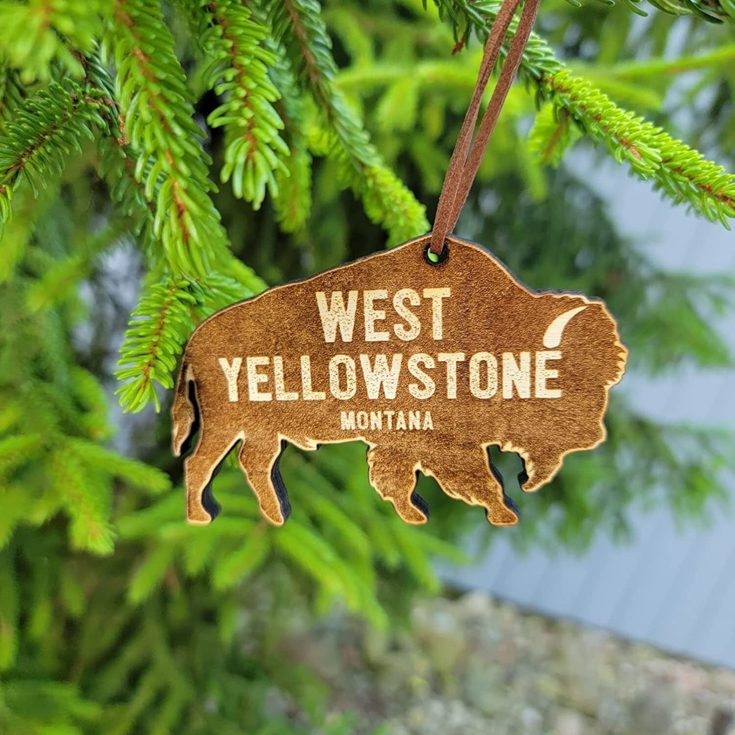 West Yellowstone Montana Wood Christmas Ornament Bison 3.75" Montana Buffalo MT