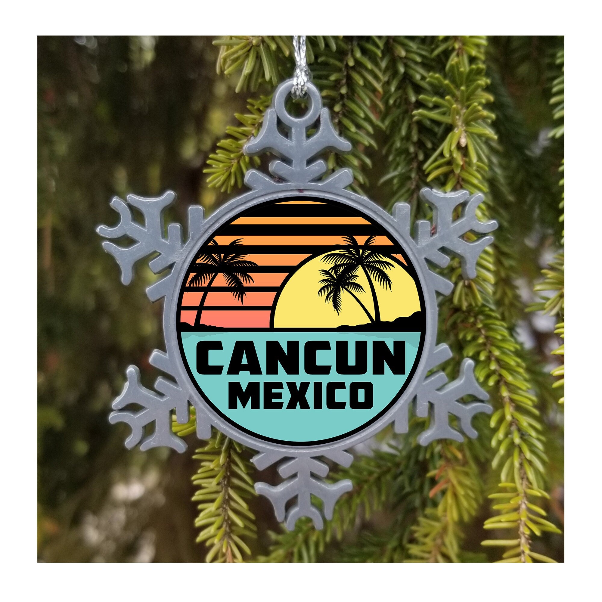 Pewter Finish Christmas Ornament Cancun Mexico Tropical Beach Ocean Souvenir 3"