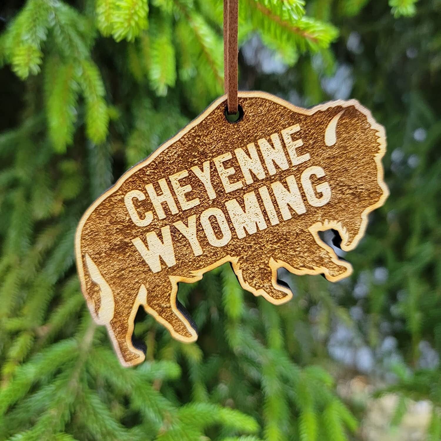 Cheyenne Wyoming Wood Christmas Ornament Bison 3.75" Buffalo WY