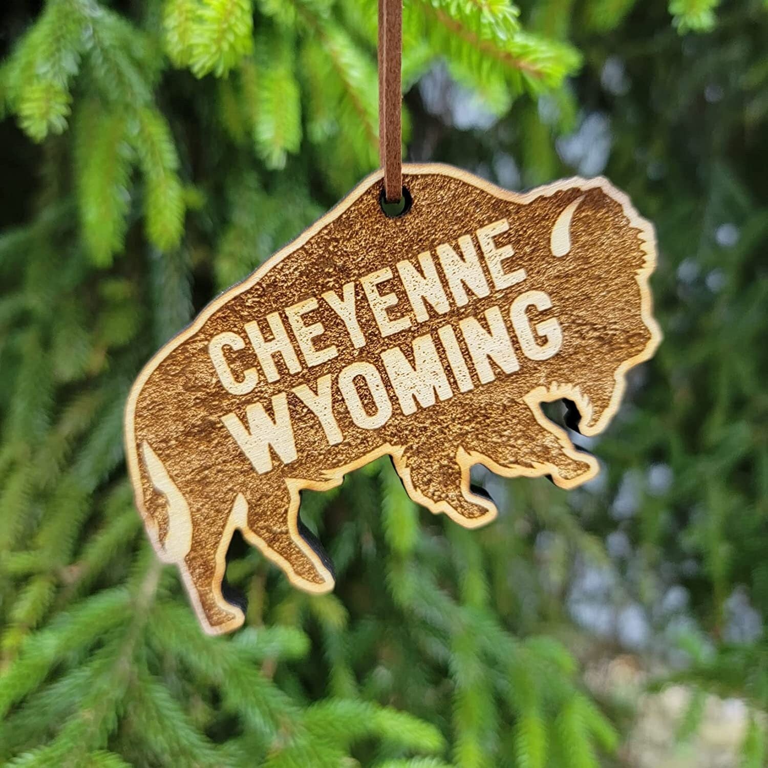 Cheyenne Wyoming Wood Christmas Ornament Bison 3.75" Buffalo WY