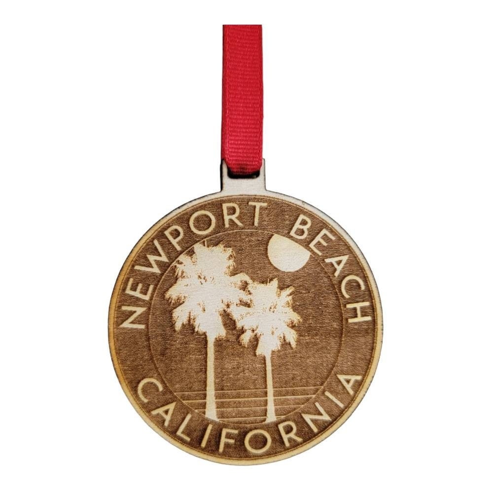 Newport Beach Ornament California Christmas American Wood Engraved 3.1" CA Surfing Gift