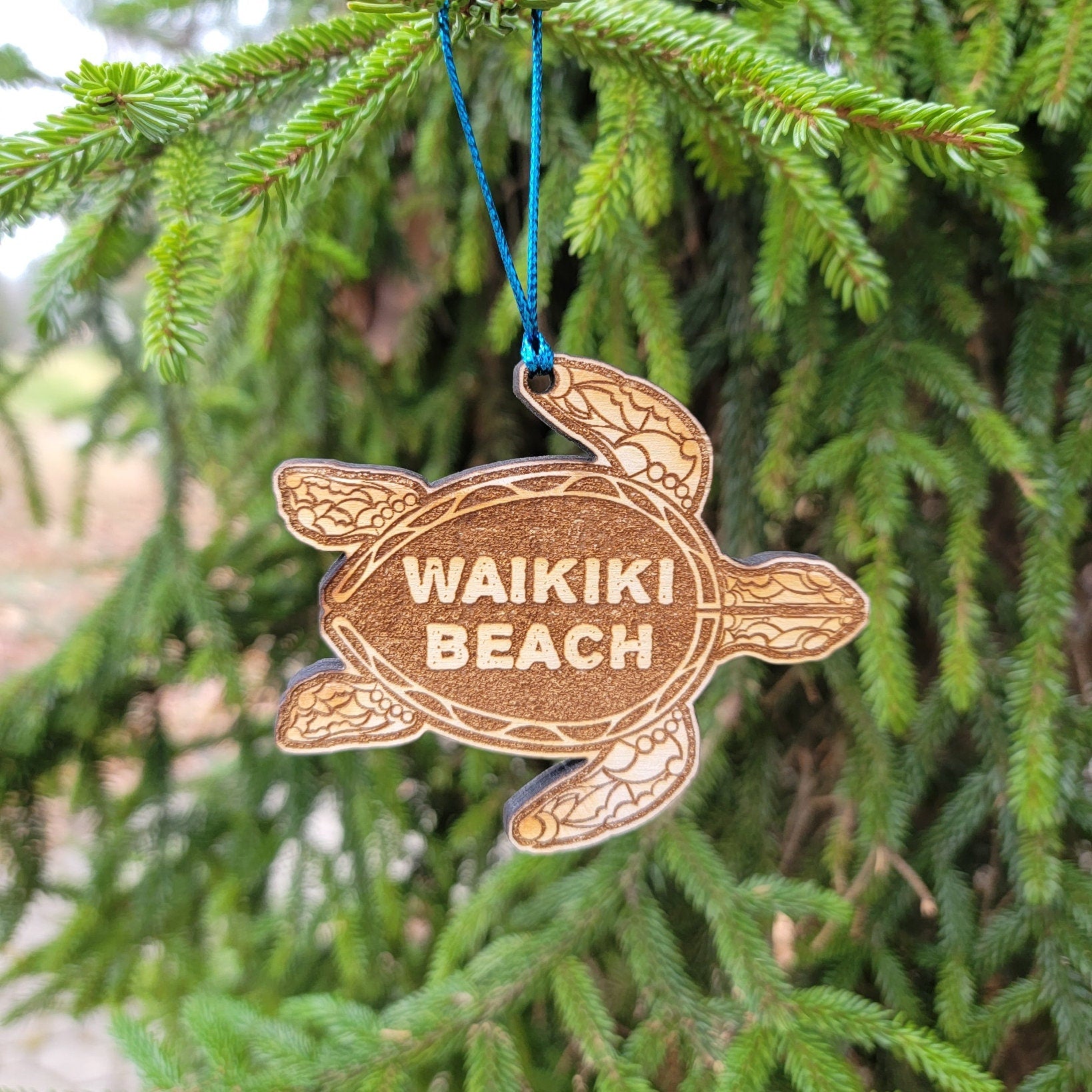 Waikiki Beach Ornament Christmas Sea Turtle Wood Laser Cut 3.75" Oahu Hawaii HI