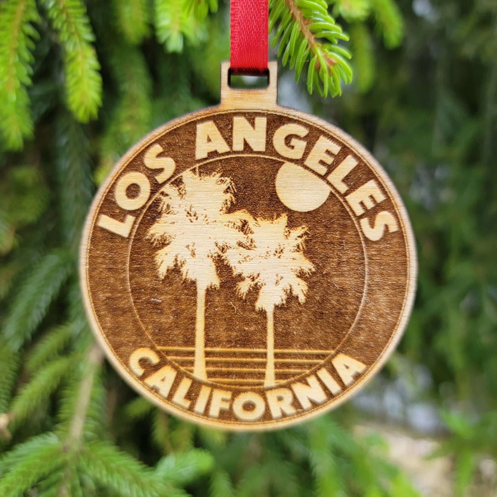 Los Angeles Ornament California Christmas Beach American Wood Engraved 3.1" CA Surfing Gift