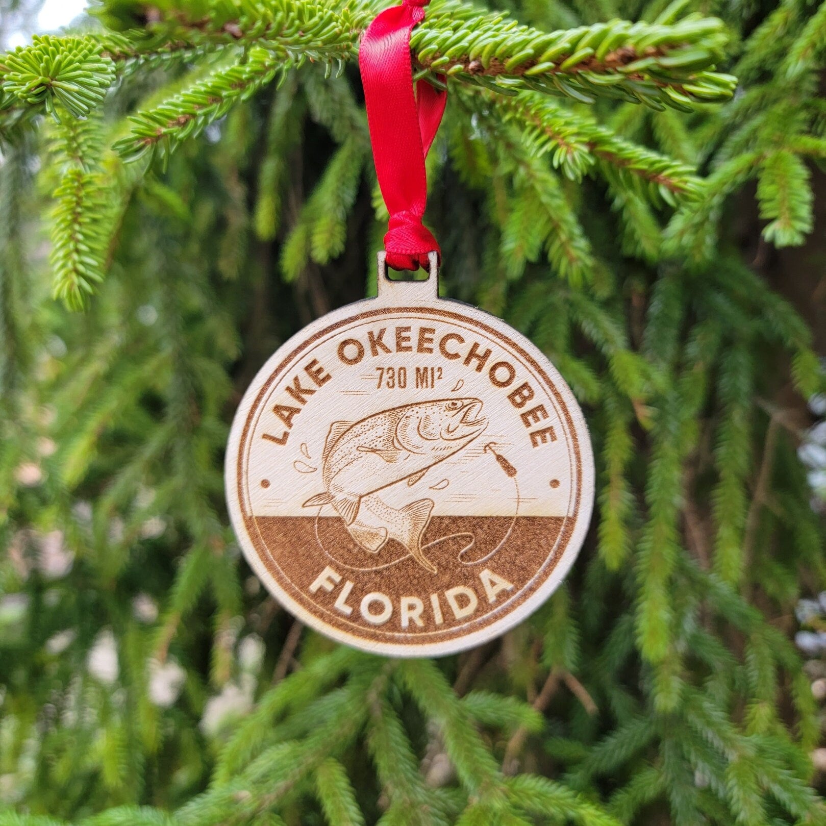 Lake Okeechobee Florida Ornament Bass Fishing Tackle Box Tag Mirror Hanger Christmas 3 1/8" Gift Souvenir For Men Women