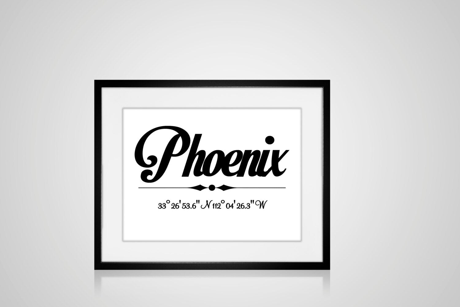 PRINTABLE PHOENIX, ARIZONA Typography Art Print 8" x 10" White & Black With Phoenix Co-ordinates Modern Minimalist Digital Download